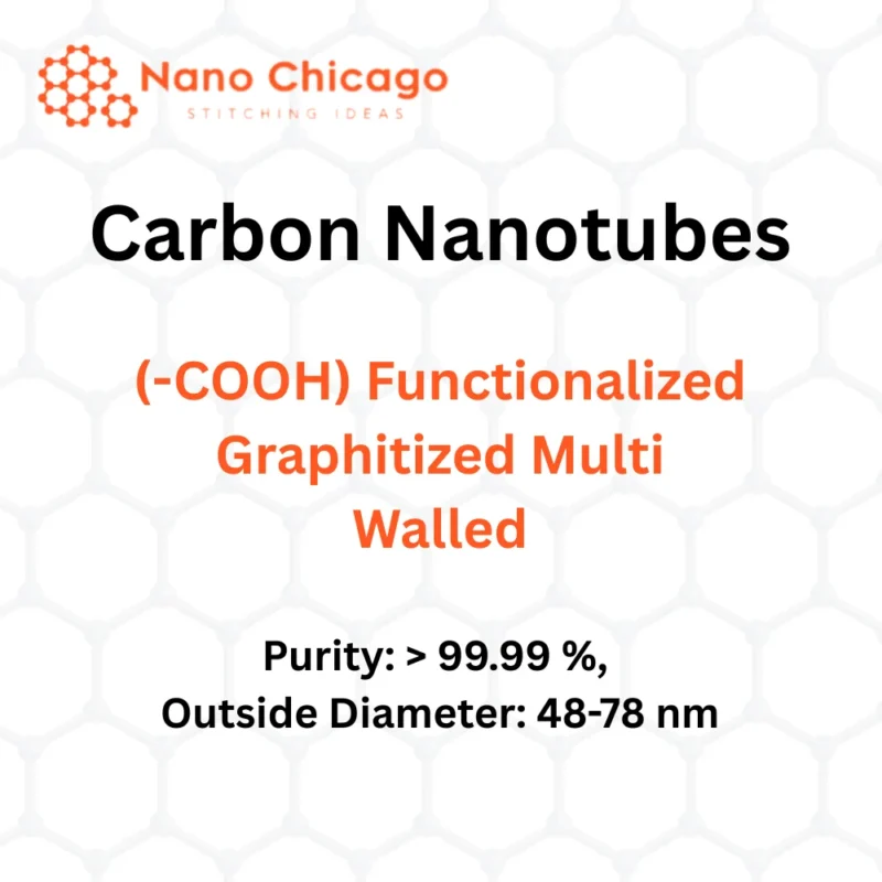 Product label for carbon nanotubes: (-COOH) functionalized, graphitized multi-walled; purity >99.99%, outer diameter 48–78 nm; Nano Chicago logo.