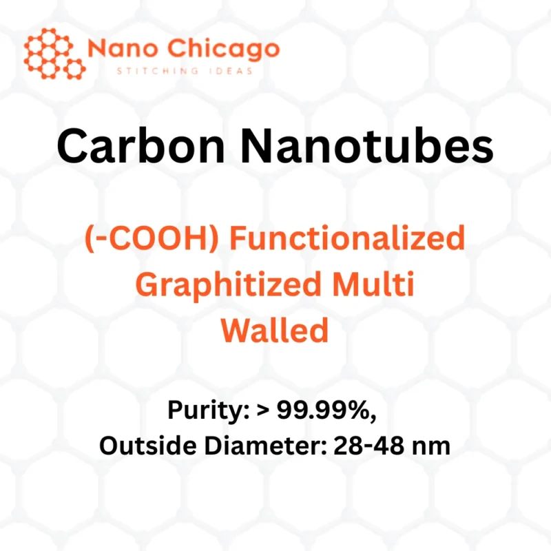 Carbon nanotubes product spec from Nano Chicago: (-COOH) functionalized, graphitized multi-walled nanotubes; purity >99.99%, diameter 28–48 nm.