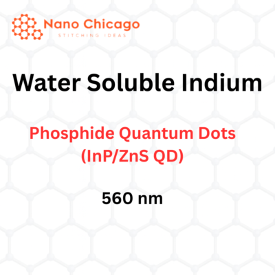 Nano Chicago logo and title slide reading 'Water Soluble Indium Phosphide Quantum Dots (InP/ZnS QD) 560 nm' over a pale hexagonal pattern background.
